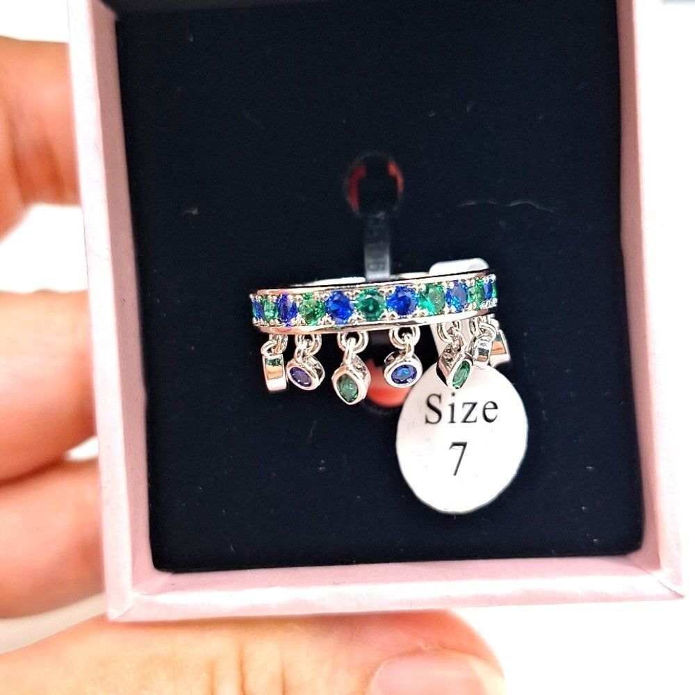 Infinity band Crown jewel dangle charm ring with green and blue crystals